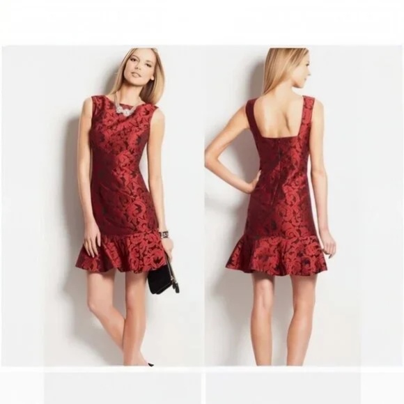 Ann Taylor Dresses & Skirts - Ann Taylor Red Black Floral Jacquard Flounce Drop Waist Ruffle Hem Dress size: 8